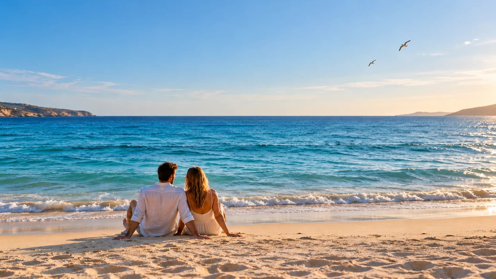 AI-created beach scene with a fictional couple seated on the shore looking out to clear blue sea, two seabirds and warm afternoon light